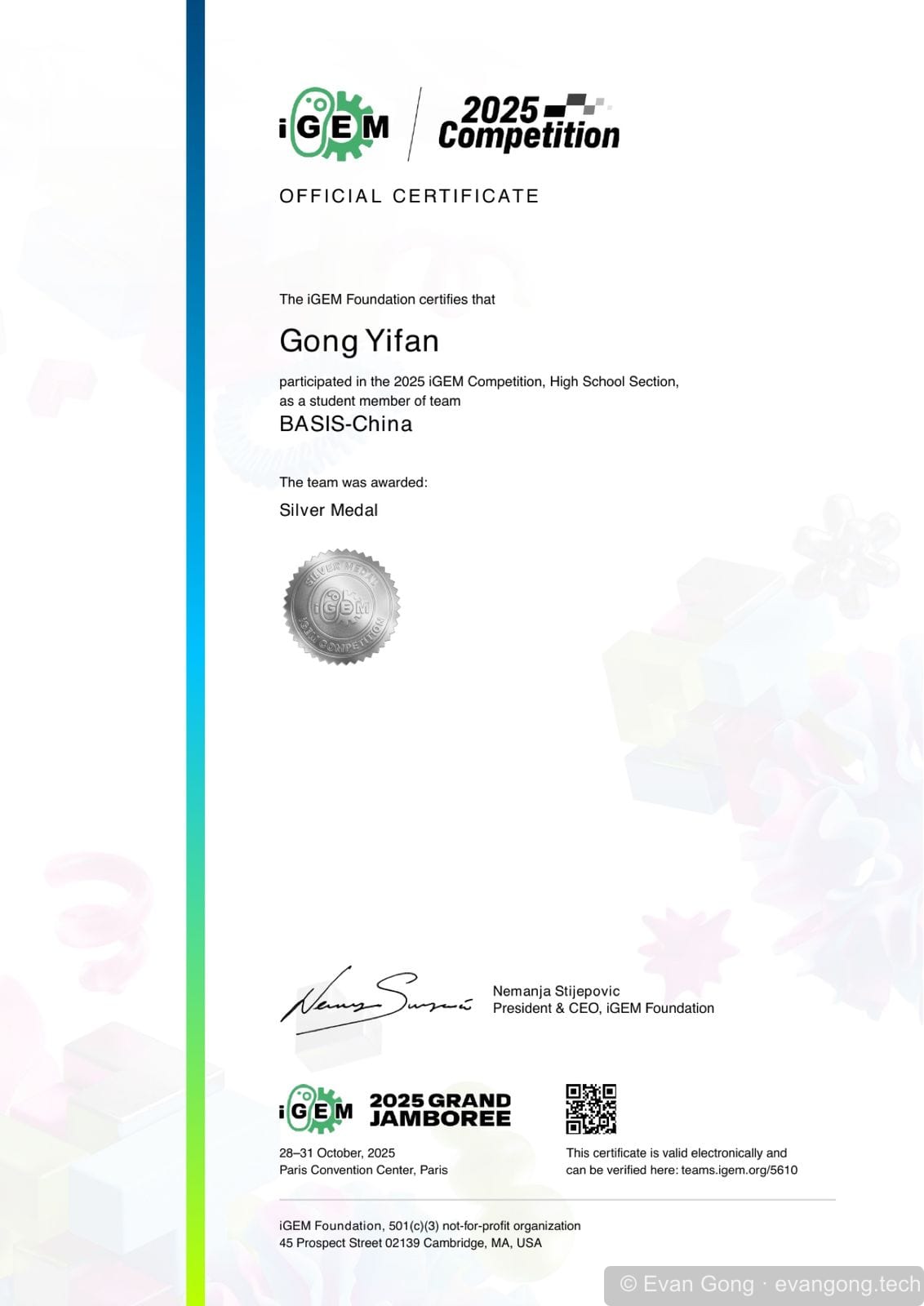 Official iGEM certificate naming Gong Yifan as a BASIS-China student member and Silver Medal recipient