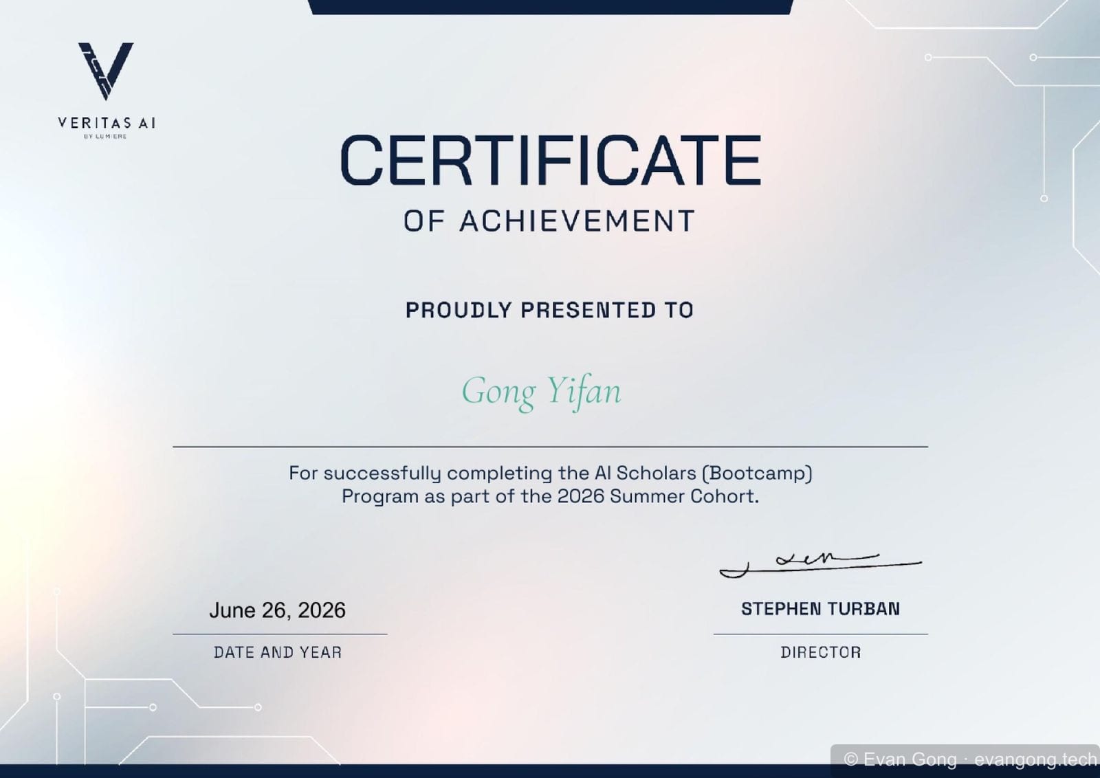 Veritas AI Certificate of Achievement for Gong Yifan