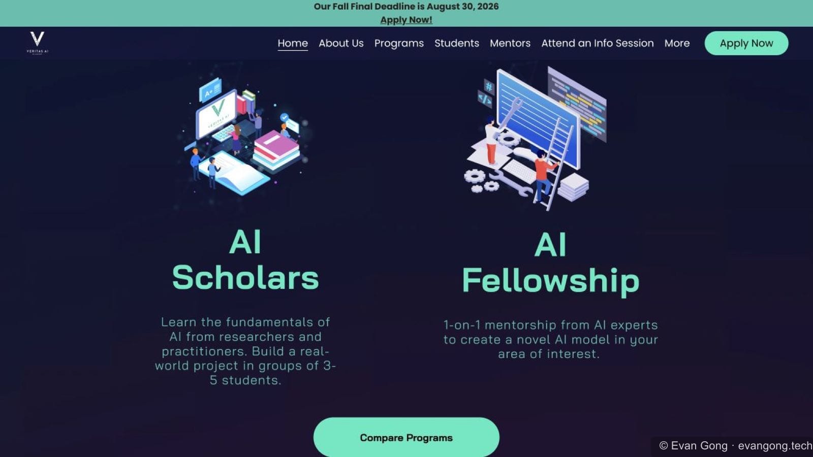 Official Veritas AI programs page showing the AI Scholars program